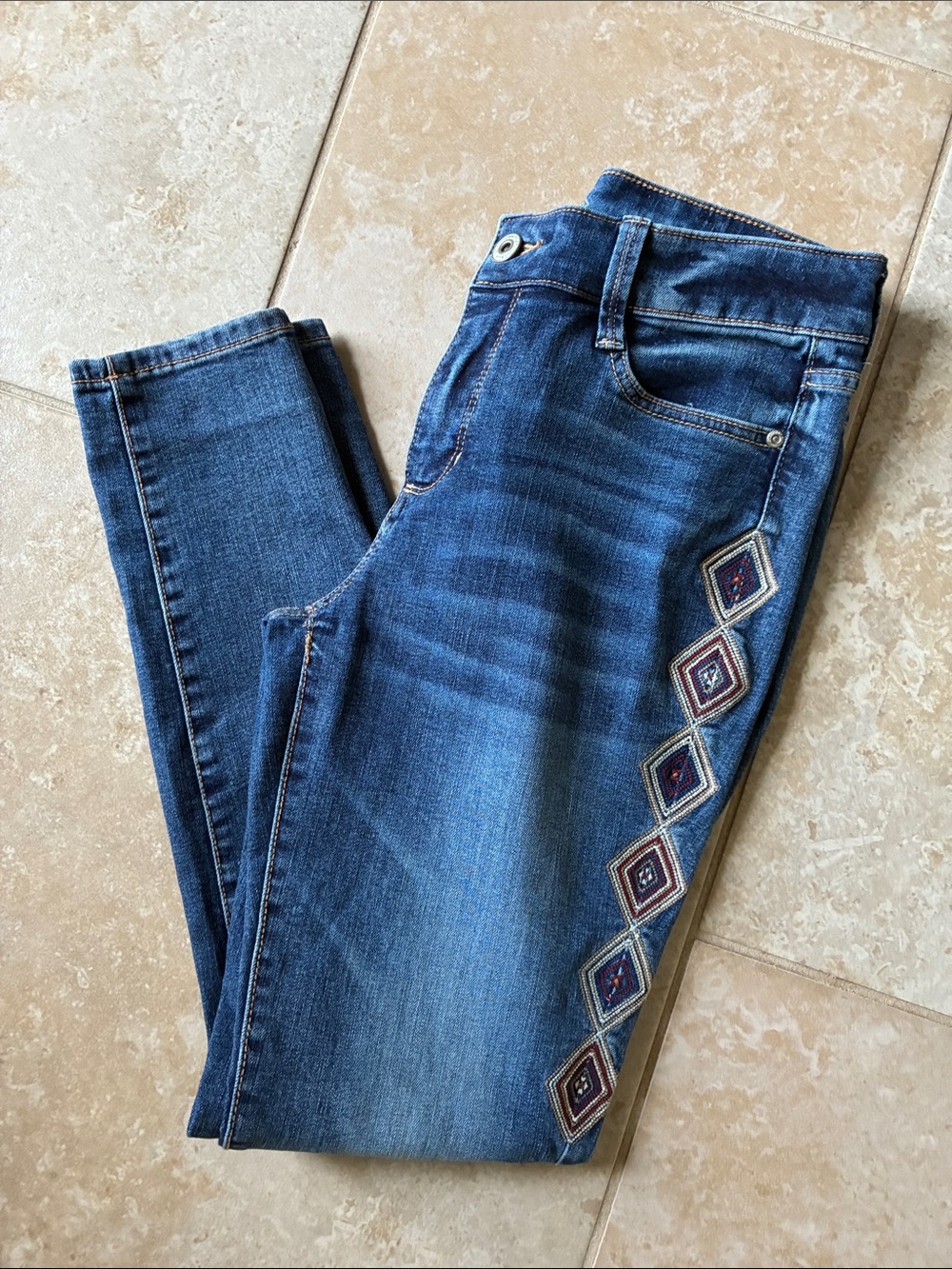 St. John's Bay Dark Blue Skinny Jeans with Southwestern Diamond Side Embroidery